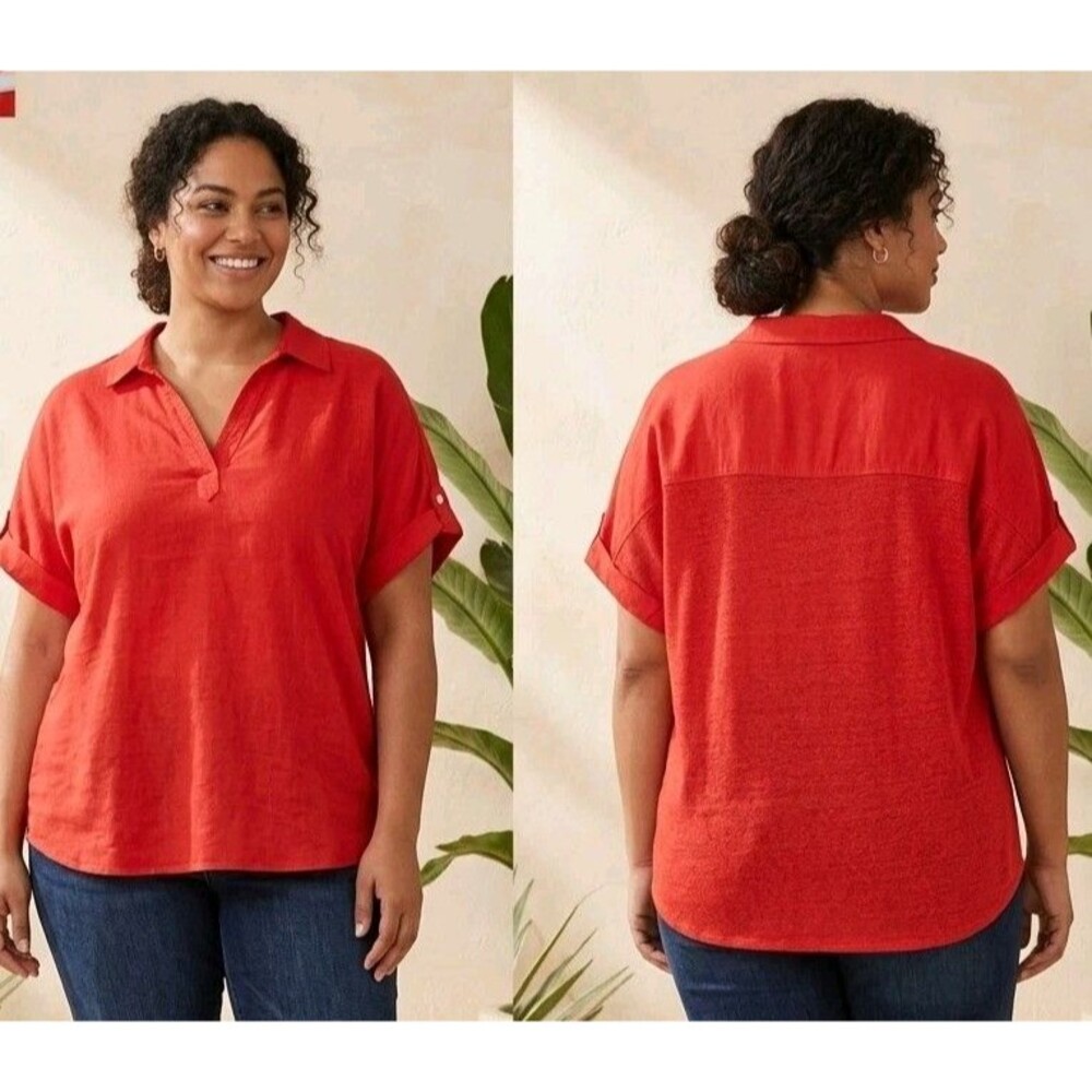 Martha Stewart Collection Linen Blend Short Sleeve Womens Blouse Coral Red 2X